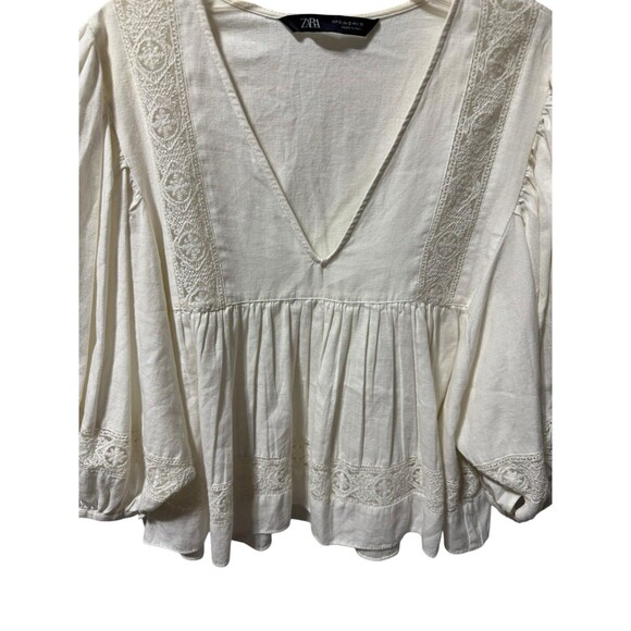 Zara BOHO Top Size S Off White Lace Inserts - Picture 3 of 10